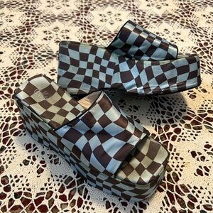 Blue and Brown Adika Checkered Platform Sandals